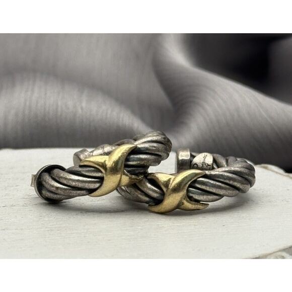 Vintage 18K Gold Sterling Silver X Hoop Earrings Twisted Cable Rope Hoops Italy